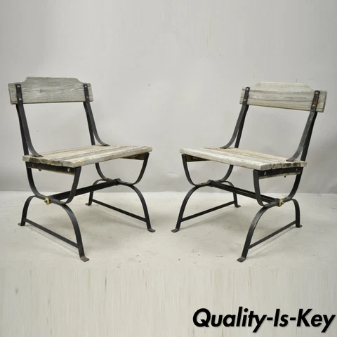 Antique French Industrial Wrought Iron Wooden Slat Seat Side Chairs - a Pair Cover
