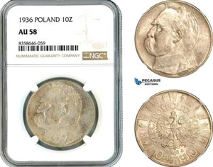 AK552, Poland, 10 Zlotych 1936 "Jozef Pilsudski" Silver, NGC AU58 - Picture 1 of 1