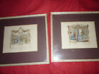 a pair of antique framed hand coloured theatre tickets one with hogarth on it
