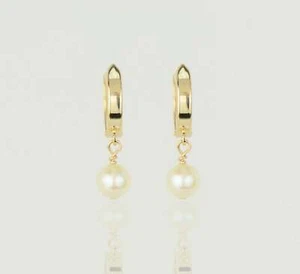 14k Yellow Gold Freshwater Pearl Huggie Dangle Earrings - Picture 1 of 9