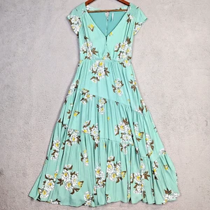 Free People Maxi Dress Women's 2 Green Floral All I Got Printed Tiered A-Line - Picture 1 of 14