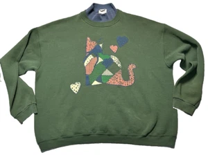 Maglione gatto vintage Nutmeg Mills XL verde navy maglia ricamata made in USA felpa - Foto 1 di 11