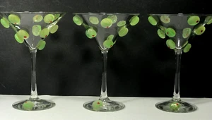 3 Martini Glasses Hand Blown Green Red Stuffed Olives  Block Pimento Rare - Picture 1 of 11