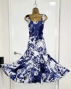 ROMAN size 14 scrinkle satin blue white floral fishtail floaty dress occasion VG - Picture 1 of 5