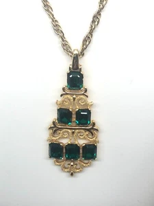 Vtg Crown Trifari Necklace Gold Tone Green Rhinestones Double Chain signed Rare - Picture 1 of 8
