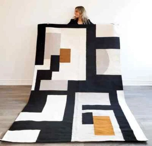 Rug Geometric Modern Wool Rug Black & White Monochrome Luxury Handmade Area Rug - Picture 1 of 3