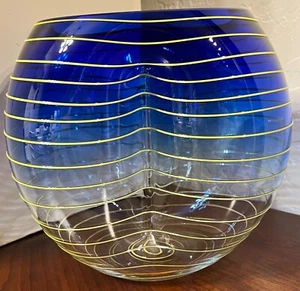 Barbini Blue Pinched Murano Glass Vase with Yellow Ribs Stripes Signed Italy - Picture 1 of 3