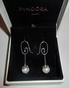 PANDORA - Compose Earrings Classic Beauty white pearl & clear CZ -hooks- 290611P - Picture 1 of 9