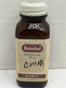 Ketochol Ketocholanic Acids Empty Amber Pharmaceutical Glass Bottle Searle & Co. - Picture 1 of 9