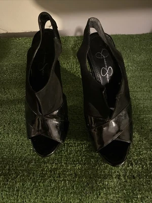 Salto alto Jessica Simpson Stiletto preto platina tiras elásticas 7 1/2 - Imagem 1 de 4