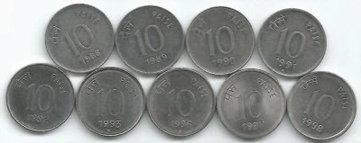 India 10 Paise  Stainless Steel, Complete Set of 9 FSS Coins, 1988 to 1998  - Image 1 of 2