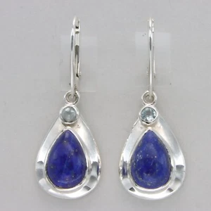 Blue Drop LAPIS LAZULI & Blue Topaz Leverback Earrings 925 STERLING SILVER #902e - Picture 1 of 9