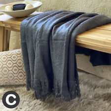 Luxury Mohair Woollen Feel Dark Charcoal Grey Large Plain Bed Sofa Blanket Throw
