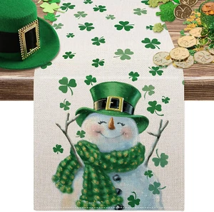 St. Patrick'S Day Table Runner Waterproof Rectangle Irish Snowman Shamrock Table - Picture 1 of 7
