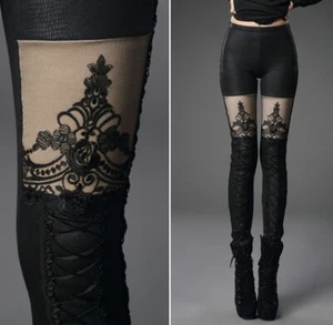 Punk Rave Thick Winter Macbeth wet look Gothic Leggings with lace panel K-244  - Picture 1 of 8