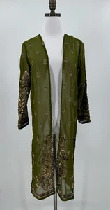 La Lo La Clothing Womens Green Silk Sequin Long Open Cardigan Top Sz XS - Picture 1 of 9