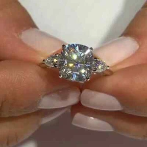 4.50 TCW Cushion & Pear Moissanite 3-Stone Engagement Ring 14K White Gold Plated - Picture 1 of 12