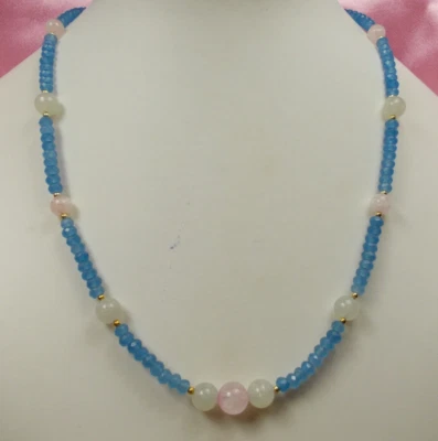 Chalzedon, Rosenquarz, Aquamarin - Halskette     Sterlingsilber 925 vergoldet - Bild 1 von 4