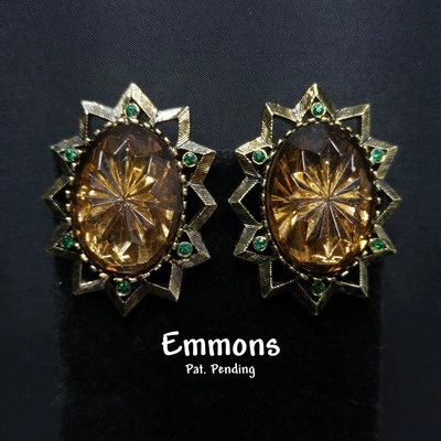Pendientes de clip de vidrio topacio moldeado vintage Emmons, detalles de diamantes de imitación verdes Foto 1 de 4