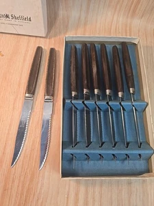 VINTAGE Regent Sheffield Stainless Brown Bakelite Steak Knives Set Of 8 W/ Box - Picture 1 of 9