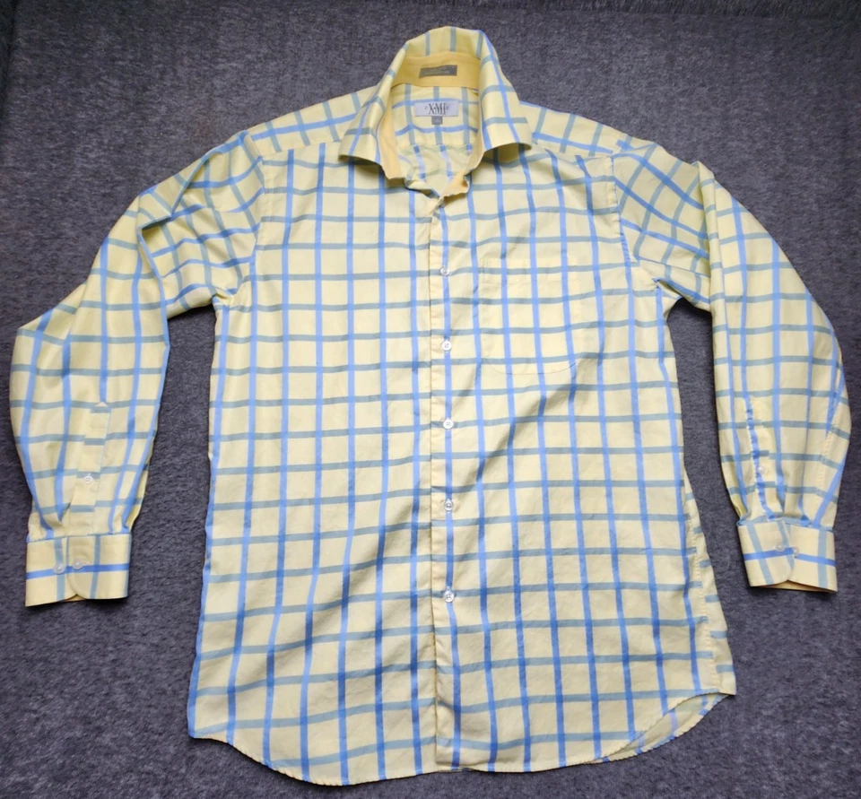Camisa de vestir XMI clásica con botones para hombre 16L amarilla azul a cuadros ¿ver estado XLT? Foto 1 de 4