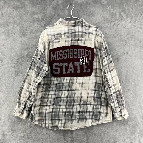 Mississippi State ￼Football Patch Flannel Shirt Mens 2XL Plaid Bleach Stain SEC Cover