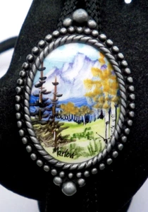 Signed Marlow Ceramic Tile Bolo Tie Slide Silvertone Tips Black Nylon Cord - Picture 1 of 11