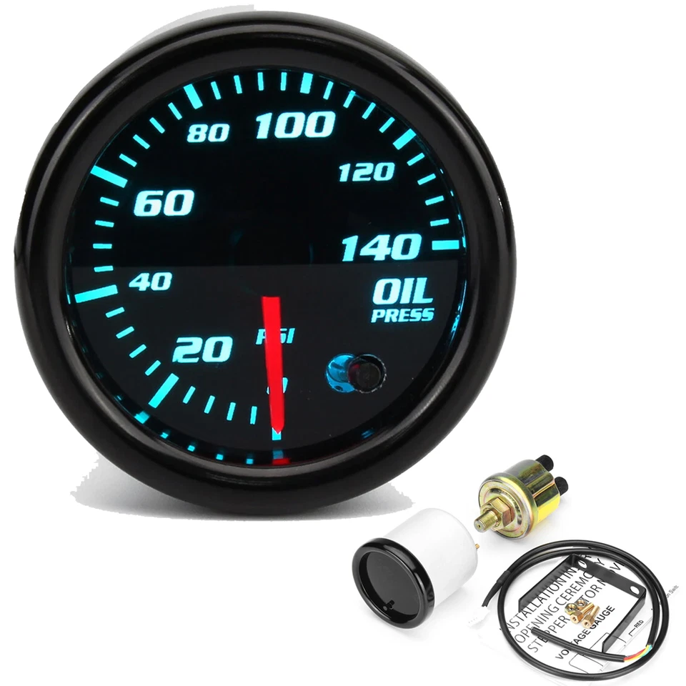 Mechanical 2" 52mm 12V 7 Color LED Oil Pressure Gauge Meter w Sensor 0-140 PSI - Image 1 of 4