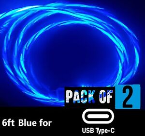 2 Pack 6ft LED Light Up Fast Charge Cable USB Cord for Samsung Galaxy S9 S10 S22