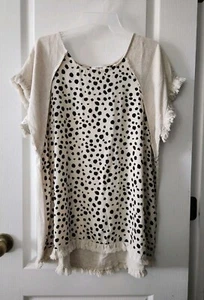 UMGEE Damen ausgefranster Saum Leinen Leopardenmuster High Low Tunika Oberteil Kurzarm L - Bild 1 von 9