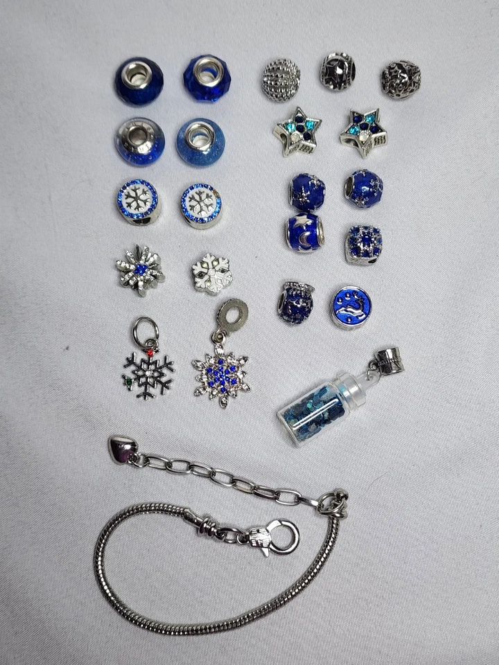 Lote 22 Plus Pulsera Copo de Nieve Estrella Reno Azul Plata Slide Charm Foto 1 de 4