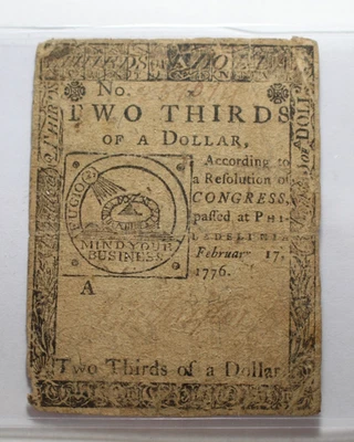 Two Thirds of Dollar 1776 Continental Currency Fugio - Image 1 of 4