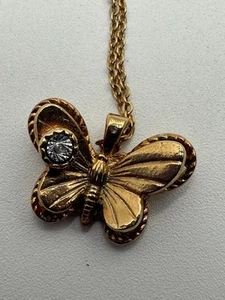 Vintage Gold Tone Butterfly Rhinestone Pendant Necklace 8” - Picture 1 of 8