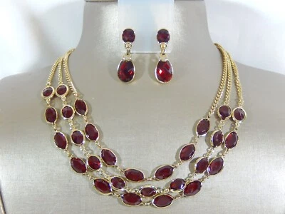 NEW NAPIER RUBY RED 3 TIER BEZEL SET CRYSTAL NECKLACE & DANGLE CLIP EARRINGS SET - Image 1 of 4