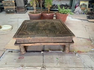 18s Antique Hand Carved Wooden Low Bajot Coffee Table with Brass Embedded Design - Picture 1 of 12