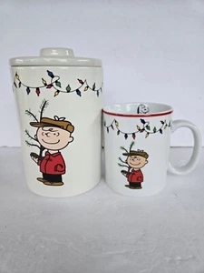 PEANUTS CHARLIE/ SNOOPY CHRISTMAS TREE LIGHTS CANISTER COOKIE JAR & MUG 2 SET - Picture 1 of 10
