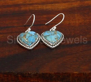 925 Silver Earring, Handmade Earring, Blue Turquoise Heart Shape, Gift For Her - Picture 1 of 4