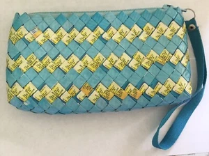 Vintage Recycled Candy Wrapper Nestle Paper Zipper Clutch Bag With Strap Blue - Picture 1 of 7