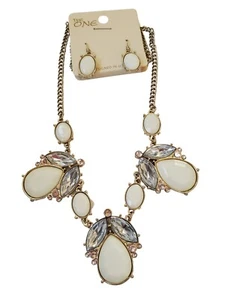 Creme Stein Klar Kristall Strass Vergoldet Dressy Halskette & Ohrring Set - Bild 1 von 1