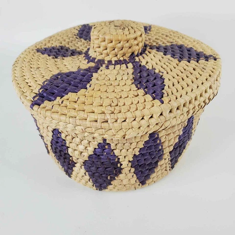 Hand Woven Grass Basket w/ Lid Purple Diamonds Coiled Weave African Style 7x5.5 Cover