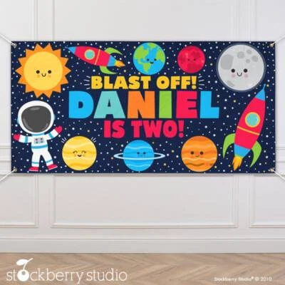 Banner Vinilo Cumpleaños Espacial Personalizado Fiesta Astronauta Luna Galaxia Decoración Foto 1 de 3