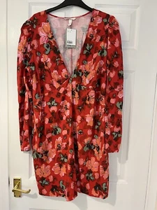 H&M Women’s Size XL (UK 20 / 22) Red Pink Floral Short Fitted Dress Long Sleeved - Picture 1 of 4