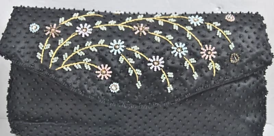 Bolso clutch de noche vintage Silvercraft con cuentas negro con flores hecho a mano Foto 1 de 4