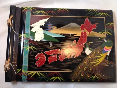  Japan black lacquer photo album scrap book  raised map Oriental cover Peacock - Image 1 of 4