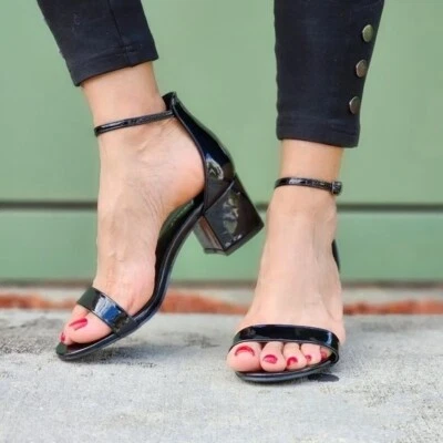 Women Ankle Straps Low Chunky Heels Sandals Black Color - Image 1 of 4
