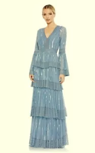 Mac Duggal Blue Sequin Stripe Long Bell Sleeve Tiered Ruffle Gown Size 14 $698 - Picture 1 of 3