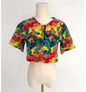 80s vintage colorful handmade crazy floral print crop top blouse extra small - Picture 1 of 8