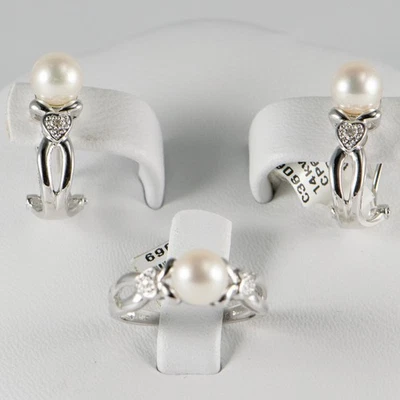 Beautiful 14K White Gold Cultured Pearl Earrings & Ring Set - Image 1 of 4