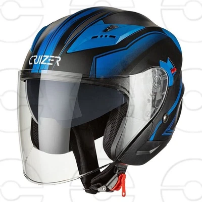 Cruizer Casco Jet Moto Scooter Omologato Doppia Visiera Nero Opaco Grafica Blu
