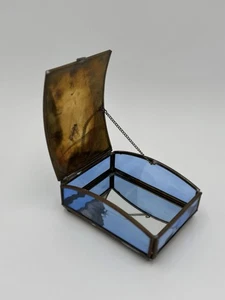 Vintage Blue Stained Glass Trinket Box Curved Lid Jewelry Keepsake Brass Frame - Picture 1 of 15